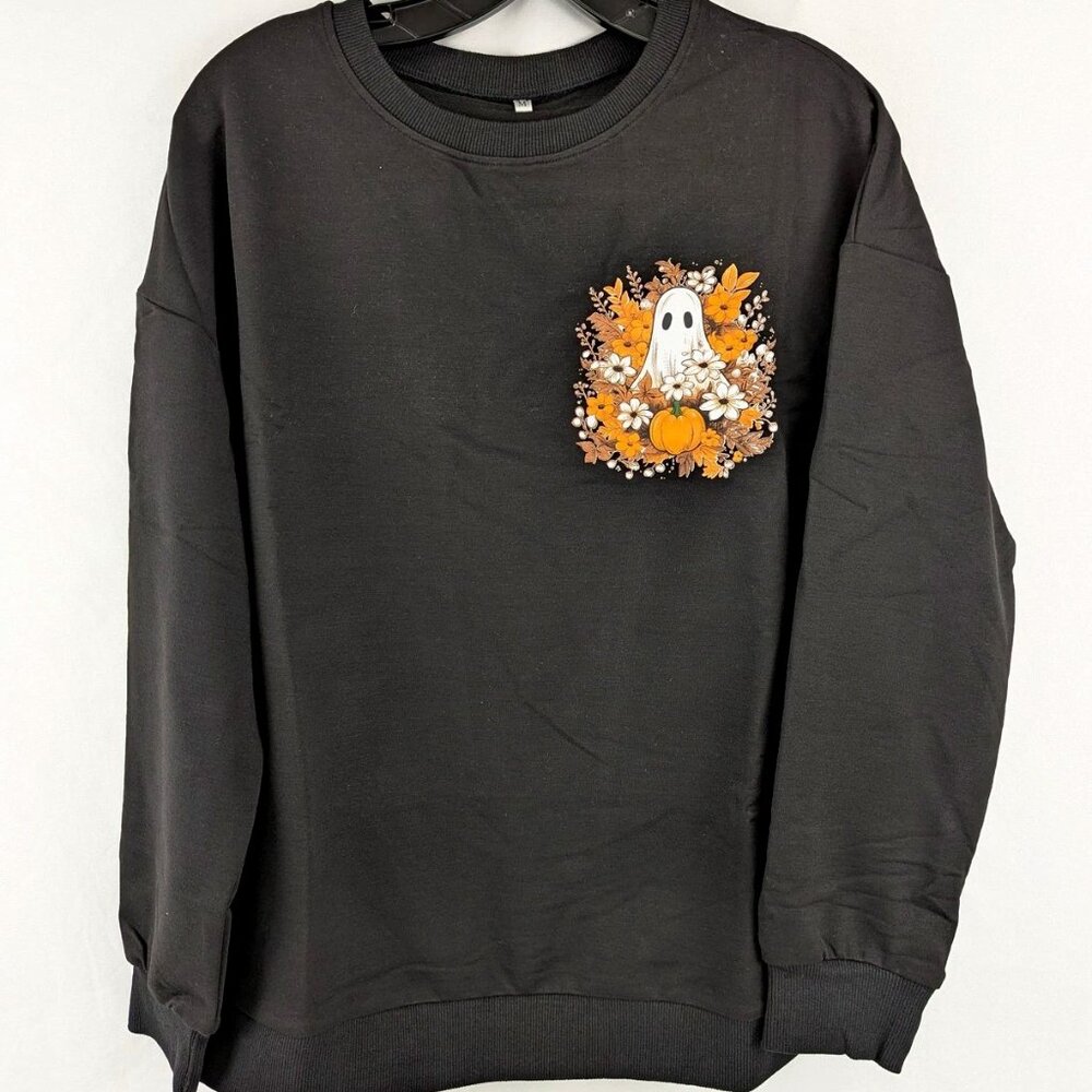 Halloween Friendly Ghost In A Pumpkin Patch Sweatshirt Flowers Pumpkins Ghost